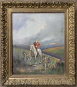 In the manner of Geoffrey Mortimer (1895 -1986), Rider & Hounds, oil on board, 29x34cm, framed.
