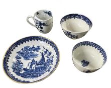 Group of English porcelain wares including a Worcester cup with the root pattern and Worcester bowls