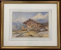 Continental school, 20th century, Swiss Alp landscape with figures and goats by an alpine chalet,