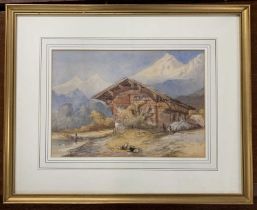 Continental school, 20th century, Swiss Alp landscape with figures and goats by an alpine chalet,