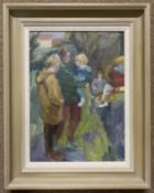 British school, contemporary, family scene by a seesaw, oil on board, signed 'Banbury' top right,