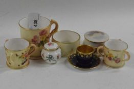 Group of Royal Worcester miniature wares including blush ground tyg, small cup and further tyg
