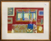 Derek Inwood (British,1925-2012), Cottage Interior scene with a seated lady, pastel, signed,