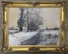In the manner of Edward Seago (1910-1974), Norfolk landscape in winter, oil on board, indistinctly