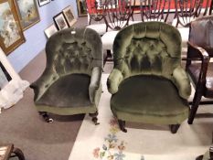 Two late Victorian green upholstered button back armchairs with slight differing designs to the