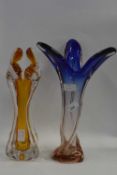 A pair of Art Glass vases, one with amber colour the other with a Art Nouveau shape and blue colour,