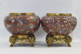 A pair of Cloisonne jardinieres or censers (lacking covers) of lobed form with floral decoration