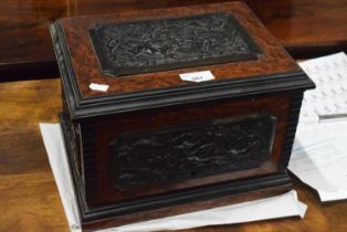 Late 19th Century burr wood and ebonised cigar humidor cabinet with double hinged lid opening to a