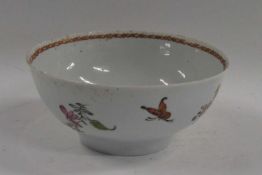 A Lowestoft bowl with unusual polychrome design of flowers and butterflies, 15cm diameter