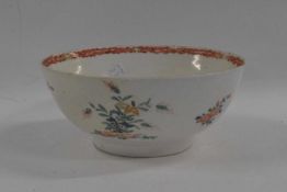 A large Bow porcelain bowl with a Kakiemon design of two quail, 19cm diameter (restored)