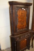 Late 19th Century carved oak two tier corner cabinet with inlaid decoration