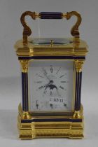 L'Eppe extremely good quality contemporary brass cased carriage clock, the case mounted with lapis