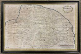 Robert Morden (1650-1703) Norfolk, hand coloured engraved map, 38x59cm, framed and glazed.