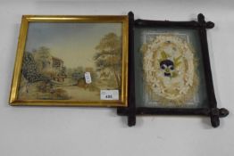 Mixed Lot: Small 19th Century needlework picture, figures surveying a river scene, 25cm wide