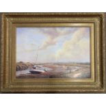 G.Knight (British, 20th century), Beached boats in the mudflats of a Norfolk estuary, oil on