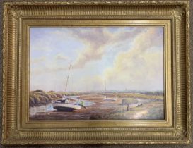 G.Knight (British, 20th century), Beached boats in the mudflats of a Norfolk estuary, oil on