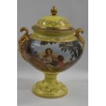 A continental porcelain vase and cover with a large printed panel of a pastoral scene, the yellow