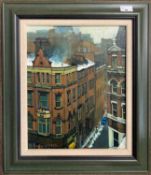 Roger Eastwood (British,1942-2013), View across a Manchester street, oil board, signed and dated