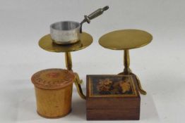 Mixed Lot: A pair of miniature brass tripod tables, a small Tunbridge ware box and other items