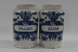 A pair of 18th Century Delft drug jars, probably Dutch, 17cm high
