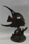 Spelter model of a fish above a branch with seaweed etc, 40cm high