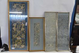 Three framed Chinese silk fragments, embroidered with floral and figure decoration, largest 65 x