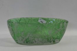 An Art Glass bowl with green ground with white mottled design, 28cm long