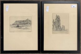J.W. King (British,1868-1935) 'Ancient Whitby' and 'North Gable, Whitby Abbey', etchings, signed