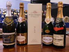 Mumm de Cremant Champagne Grand Cru, in presentation box, Perrier Jouet champagne, and three other