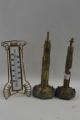 Mixed Lot: A pair of brass pull out Days patent candle screens set within tubular frames with gothic