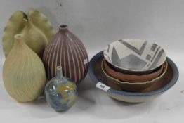 Mixed Lot: Studio Pottery to include a ribbed vase signed Peter Lane, a further abstract frilled