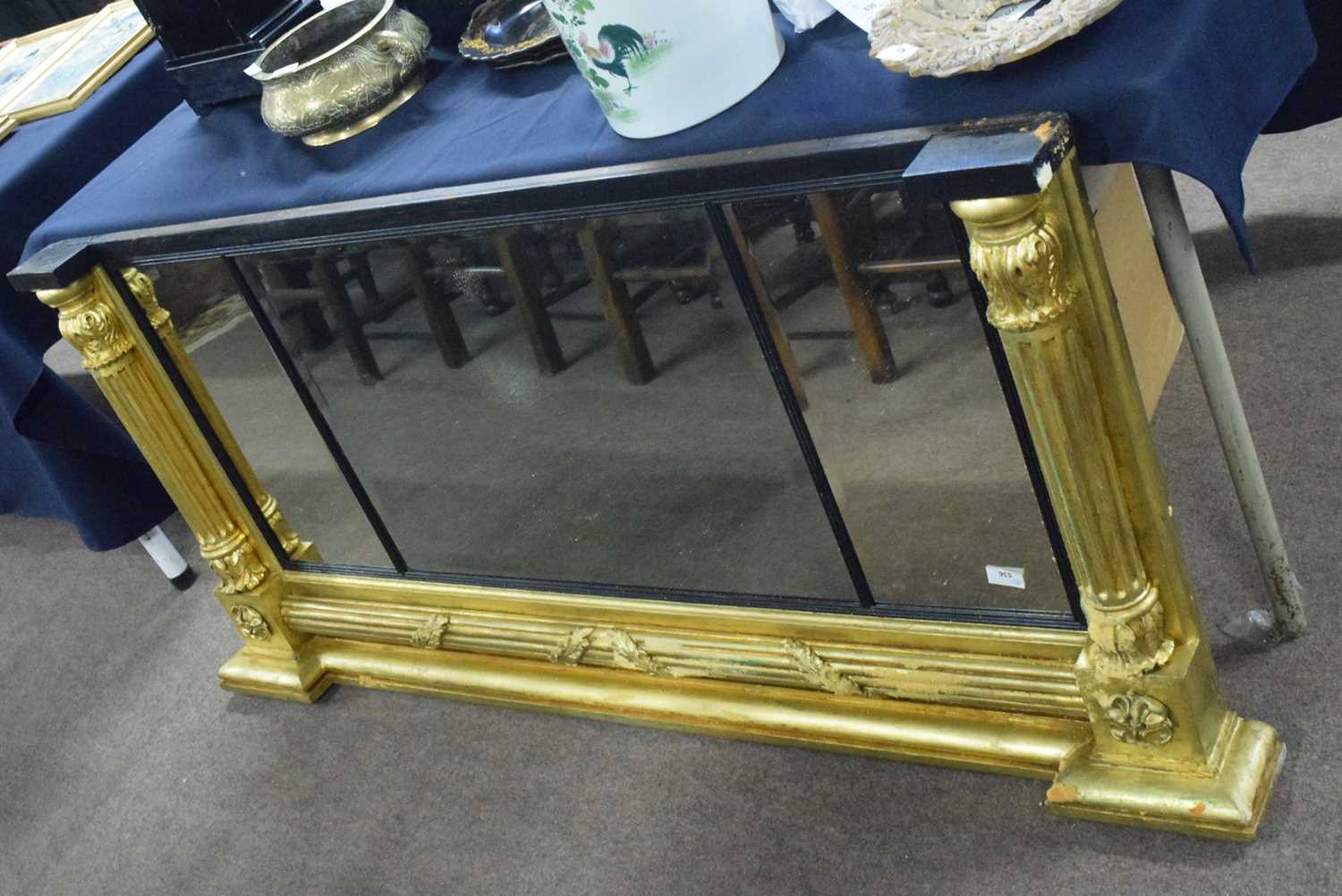 Large 19th Century and later three panel over mantel mirror with gilt finish framed with ribbed