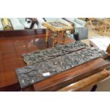 Mixed Lot: Two carved oak panel sections depicting various figures, mythical beasts etc together