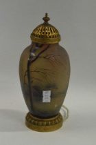 A French glass vase with black painted decoration converted to a lamp, 15cm high