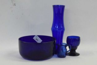 19th Century Bristol blue glass vase together with a small cream jug, bowl and further jug