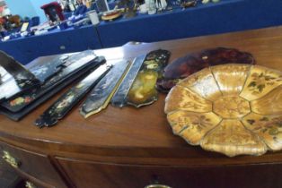 Mixed Lot: Various Victorian papier mache finger plates for doors, small folding shelves and other