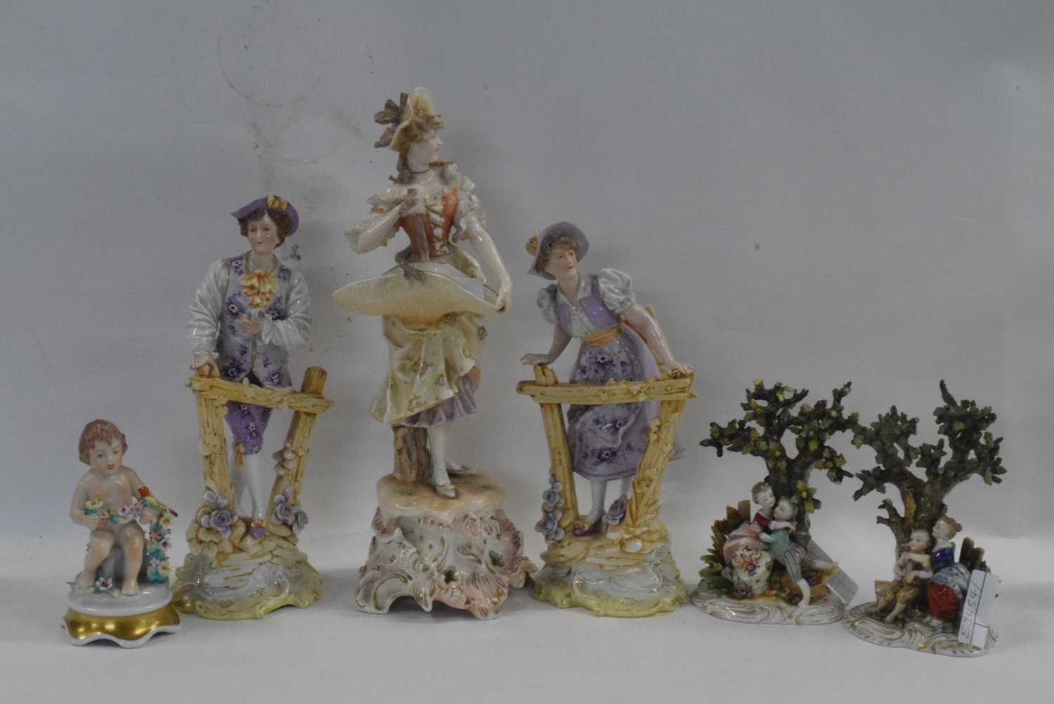 Group of late 19th Century porcelain figurines including a boy and girl standing by a gate,