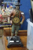 Small Dutch figural mantel clock formed as a gent with a walking stick, 40cm high