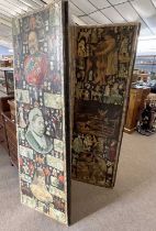 Early 20th century decoupage three-fold dressing screen decorated with various figures, birds,
