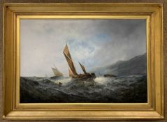 Dutch school, 20th century, Shipping vessels in choppy sea, oil on canvas, 50x75cm, gilt framed.