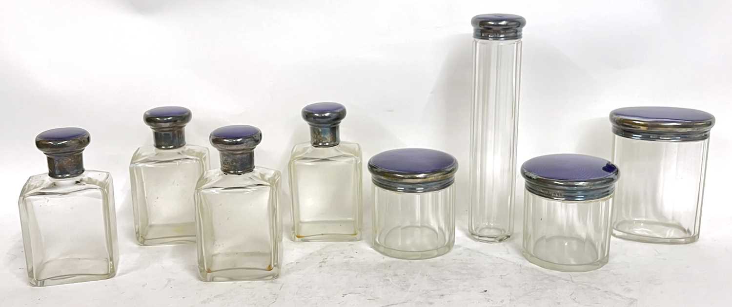 Vintage purple leather dressing case, part fitted with eight glass jars each with silver and - Image 7 of 13