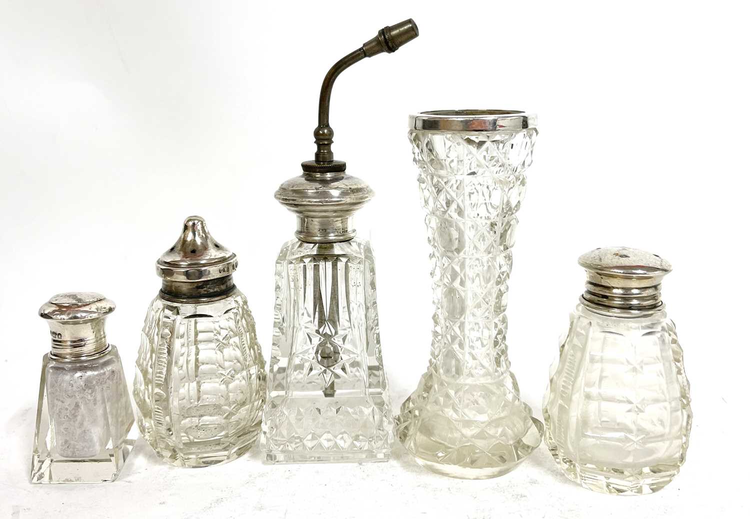 Group of five small glass bottles and a vase each with a silver/sterling mount, various dates and - Image 3 of 6