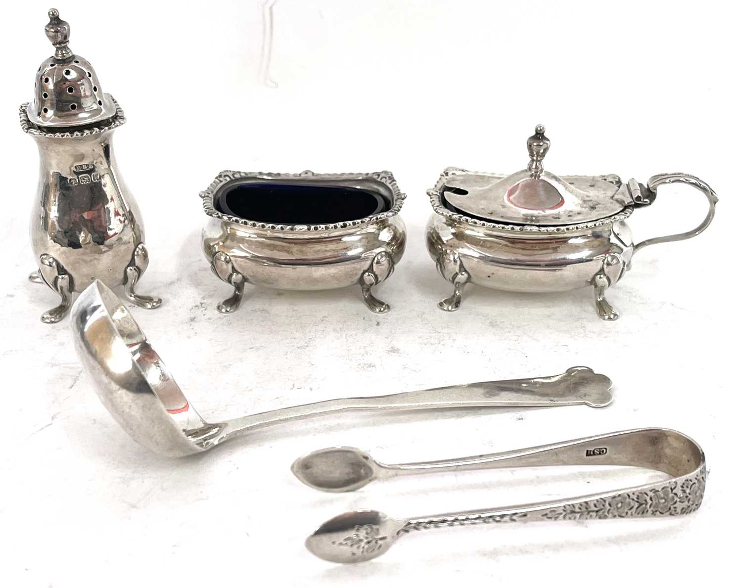 Mixed lot to include a George V three piece condiment set comprising hinged mustard and liner, - Image 2 of 2