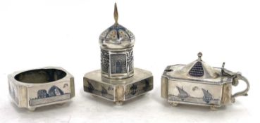 Three piece Middle Eastern white metal condiment set with nielo work, decorated with mosque dowhs,