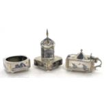 Three piece Middle Eastern white metal condiment set with nielo work, decorated with mosque dowhs,