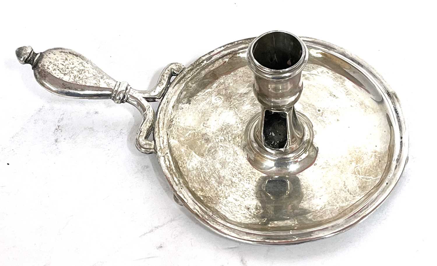 Antique silver chamber stick of plain form with cast handle supported on three bun feet, marks - Image 5 of 11