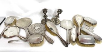 Mixed lot to include four silver mounted dressing table mirrors, four silver hallmarked hairbrushes,