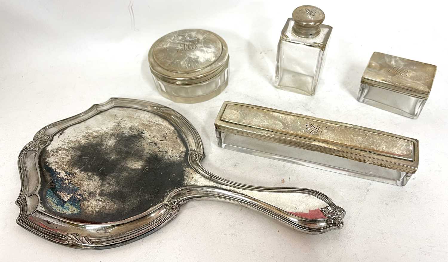 Group of silver mounted dressing table items including a hand mirror, two glass boxes and two jars - Image 2 of 3