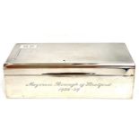 George VI silver cigarette box of rectangular form, the hinged lid with engine turned decoration and