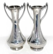 Pair of Edwardian silver twin handle spill vases of tapering baluster form (loaded), hallmarked